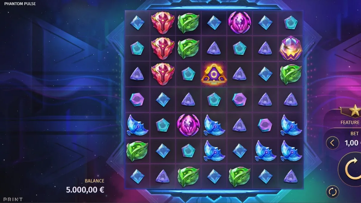 Tampilan visual futuristik dan kosmik dari slot Phantom Pulse dengan grid 7x7