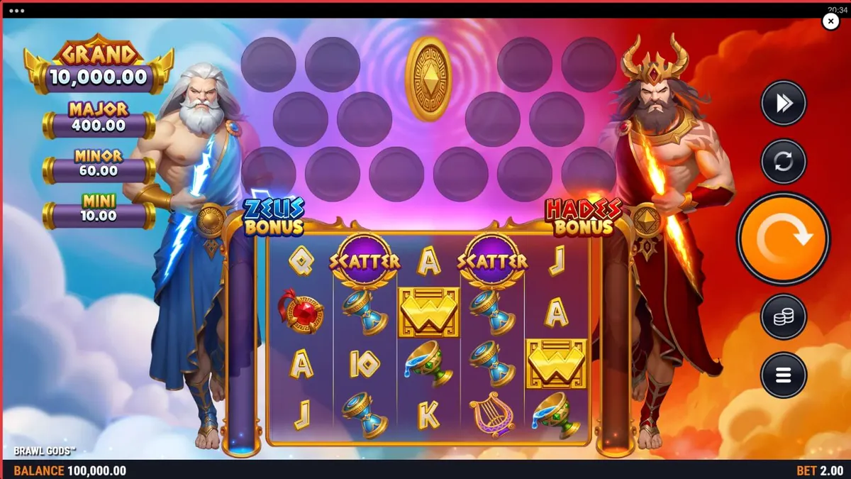 Tampilan layar permainan slot Brawl Gods dengan tema Zeus dan Hades